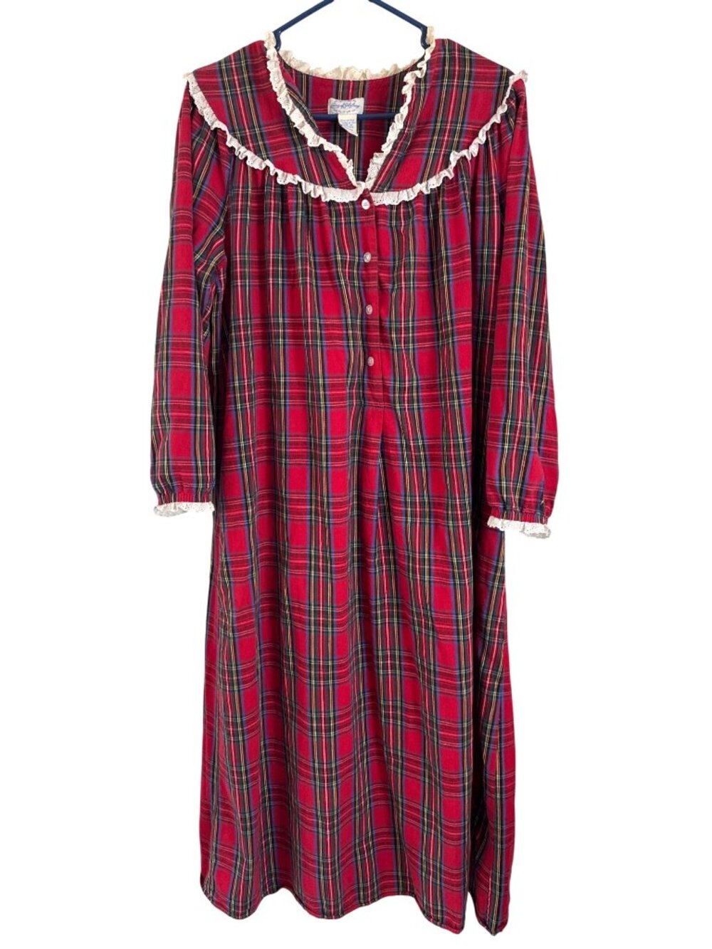 Land Of Salzburg Red Plaid Long Flannel Nightgown Lace Trim Size Med 100% Cotton
